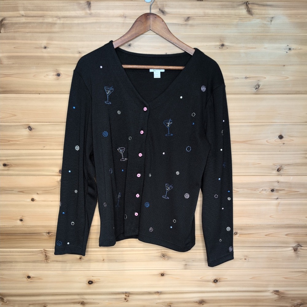 Christopher & Banks Martini Cocktail Embroidered Cardigan Black Pink Large L